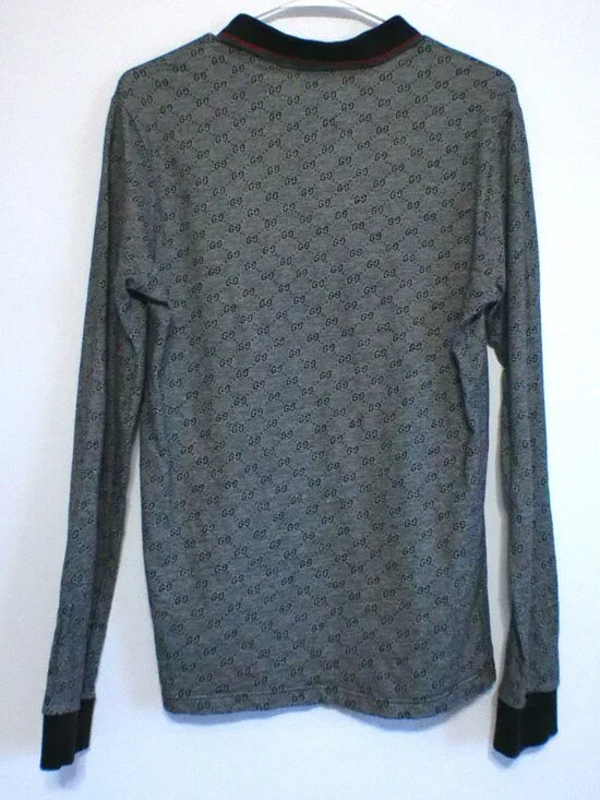 Gucci GG Monogram Long Sleeve Polo Shirt Gray Black Trim Italy Men’s Medium - Picture 4 of 4